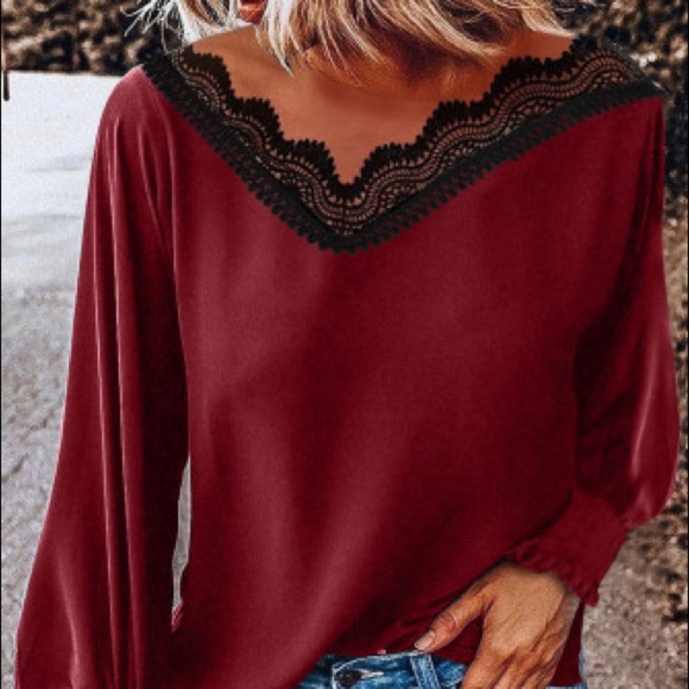 V Neck Lace Patchwork Red satin Blouse